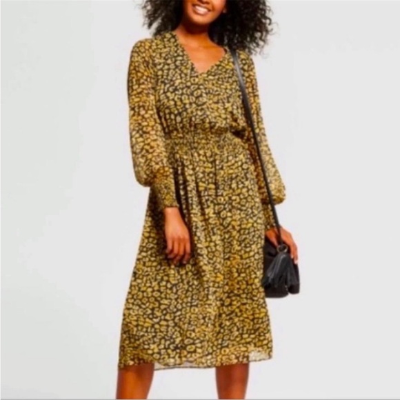 Who What Wear Long Sleeve V-Neck Sheer Leopard Animal Print Midi Dress - Picture 14 of 15